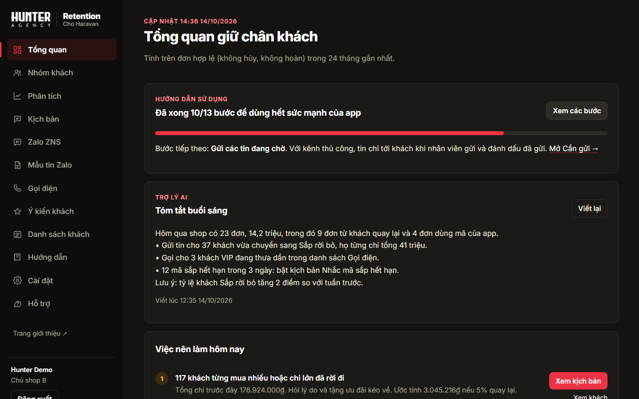 Tổng quan: hướng dẫn 13 bước, tóm tắt AI buổi sáng, việc nên làm